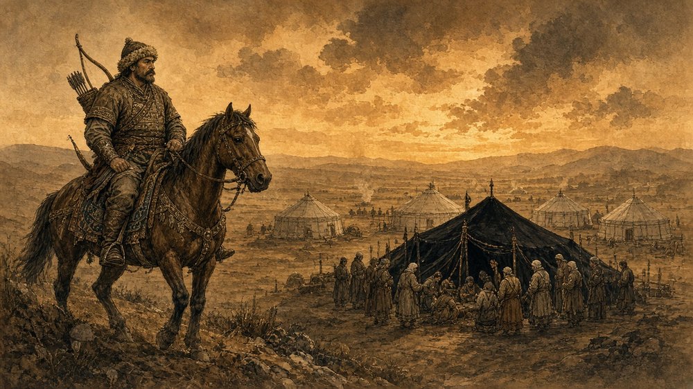 Atına biner. Uzaktaki obadan ağlama sesleri yükselir, kara bir çadırın önünde yas tutulmaktadır.