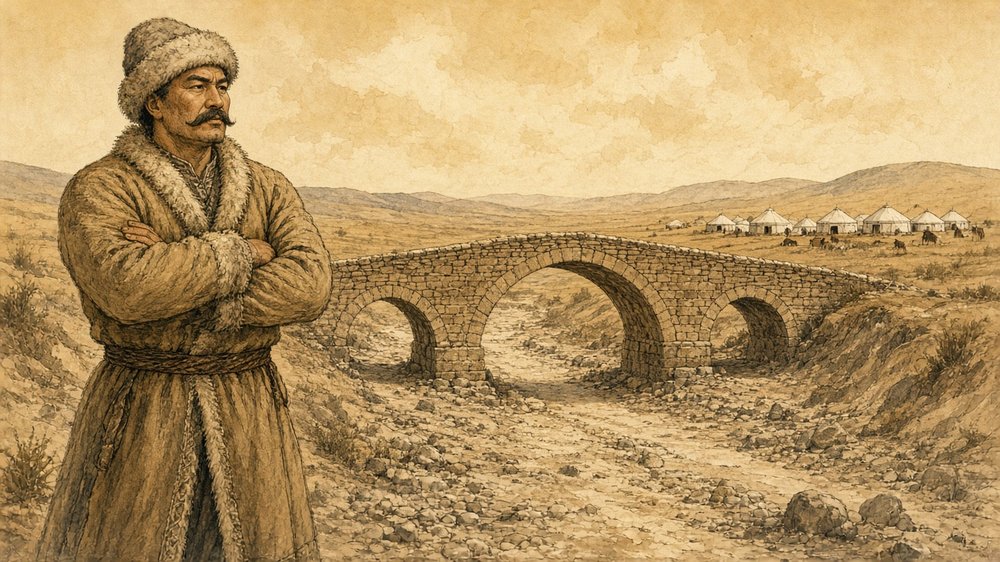Kuru bir çayın üstüne köprü yaptıran Deli Dumrul, böbürlenerek köprünün başında bekler.