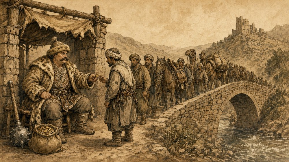 Köprüden geçenlerden otuz üç akçe haraç alır; bu paranın hesabını kimse soramaz.